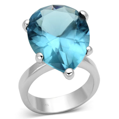 LOAS864 - Rhodium 925 Sterling Silver Ring with Synthetic Synthetic Glass in Sea Blue