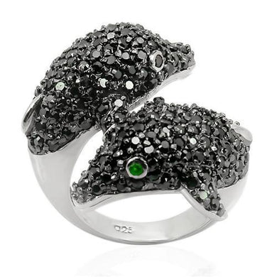 LOS195 - Rhodium + Ruthenium 925 Sterling Silver Ring with Synthetic Synthetic Glass in Emerald