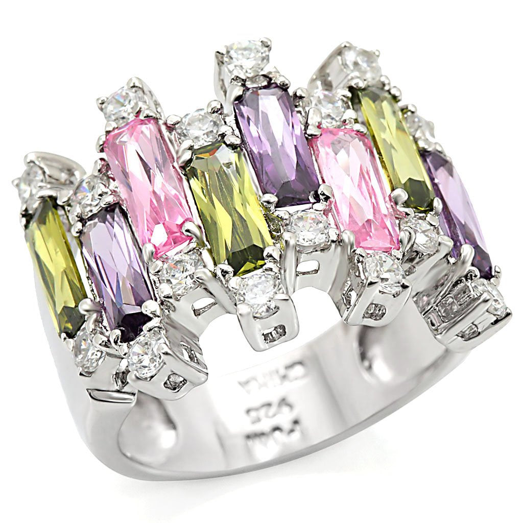 Heba Cocktail Ring - Rhodium 925 Sterling Silver, AAA CZ , Multi Color - LOS334