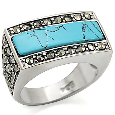 LOS461 - Antique Tone 925 Sterling Silver Ring with Synthetic Turquoise in Sea Blue