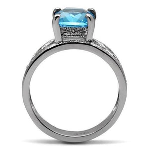 TK081 - High polished (no plating) Stainless Steel Ring with Synthetic Synthetic Glass in Sea Blue