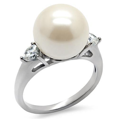 TK090 - High polished (no plating) Stainless Steel Ring with Synthetic Pearl in Aurora Borealis (Rainbow Effect)