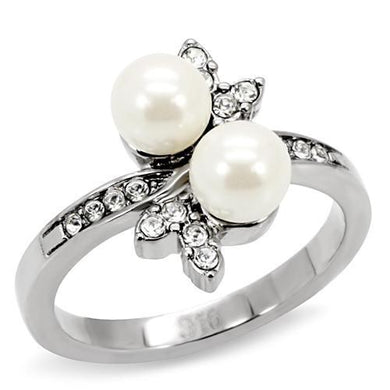 TK116 - High polished (no plating) Stainless Steel Ring with Synthetic Pearl in White