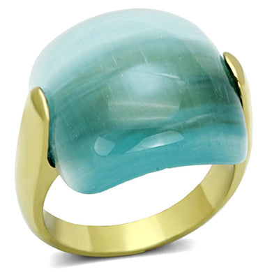 TK1237 - IP Gold(Ion Plating) Stainless Steel Ring with Synthetic Cat Eye in Sea Blue