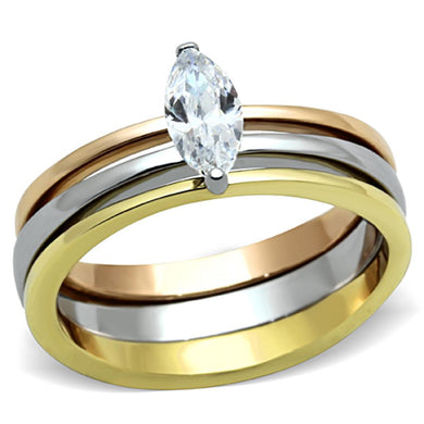 TK1276 - Three Tone (IP Gold & IP Rose Gold & High Polished) Stainless Steel Ring with AAA Grade CZ  in Clear