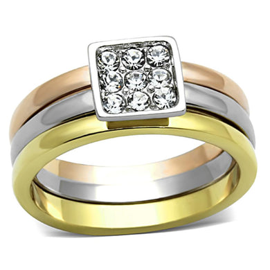 TK1277 - Three Tone (IP Gold & IP Rose Gold & High Polished) Stainless Steel Ring with Top Grade Crystal  in Clear