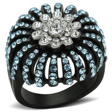 Load image into Gallery viewer, TK1442 - Two-Tone IP Black Stainless Steel Ring with Top Grade Crystal  in Sea Blue