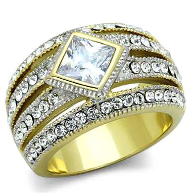 TK1551 - Two-Tone IP Gold (Ion Plating) Stainless Steel Ring with AAA Grade CZ  in Clear