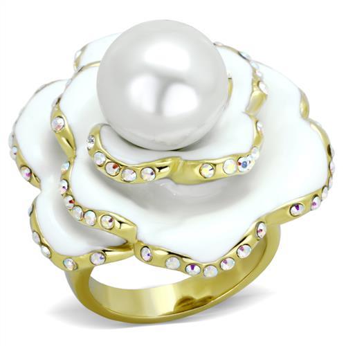 TK1847 - IP Gold(Ion Plating) Stainless Steel Ring with Synthetic Pearl in White