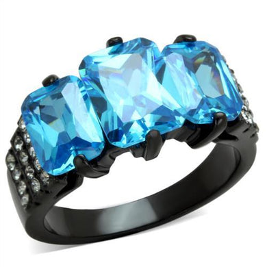 TK1866 - IP Black(Ion Plating) Stainless Steel Ring with AAA Grade CZ  in Sea Blue
