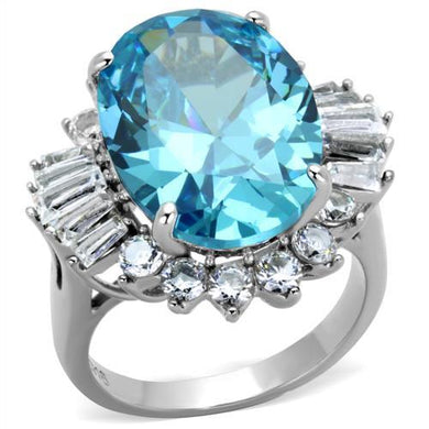 TK1885 - High polished (no plating) Stainless Steel Ring with AAA Grade CZ  in Sea Blue