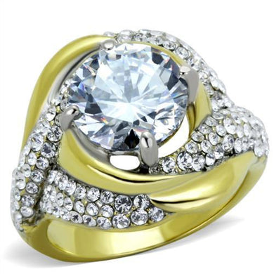 TK1910 - Two-Tone IP Gold (Ion Plating) Stainless Steel Ring with AAA Grade CZ  in Clear
