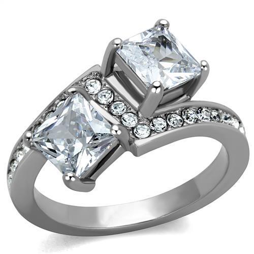 TK2113 - High polished (no plating) Stainless Steel Ring with AAA Grade CZ  in Clear