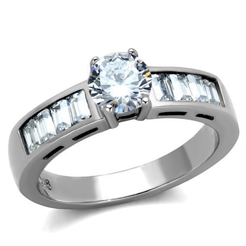 TK2117 - High polished (no plating) Stainless Steel Ring with AAA Grade CZ  in Clear