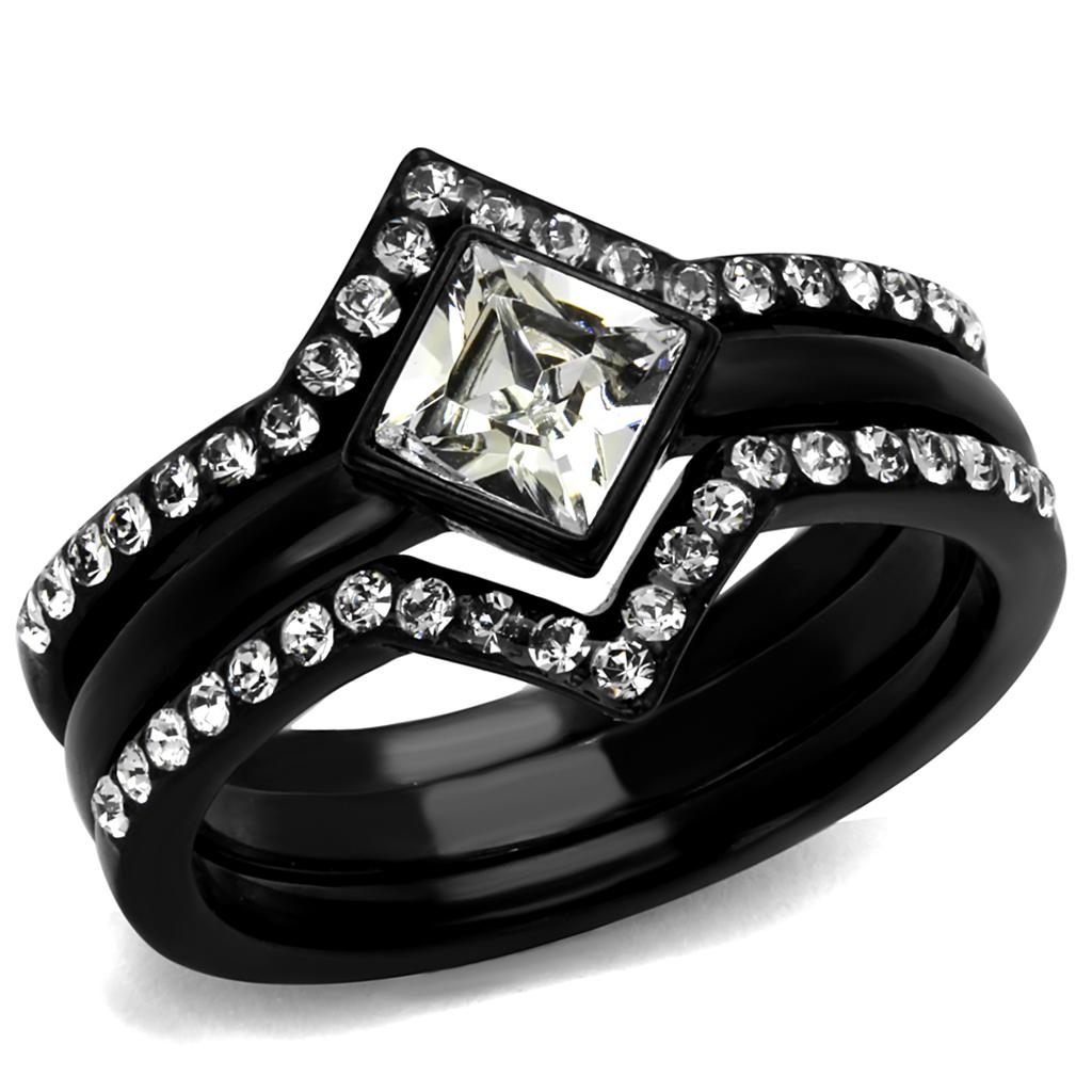 TK2185 - IP Black(Ion Plating) Stainless Steel Ring with Top Grade Crystal  in Clear