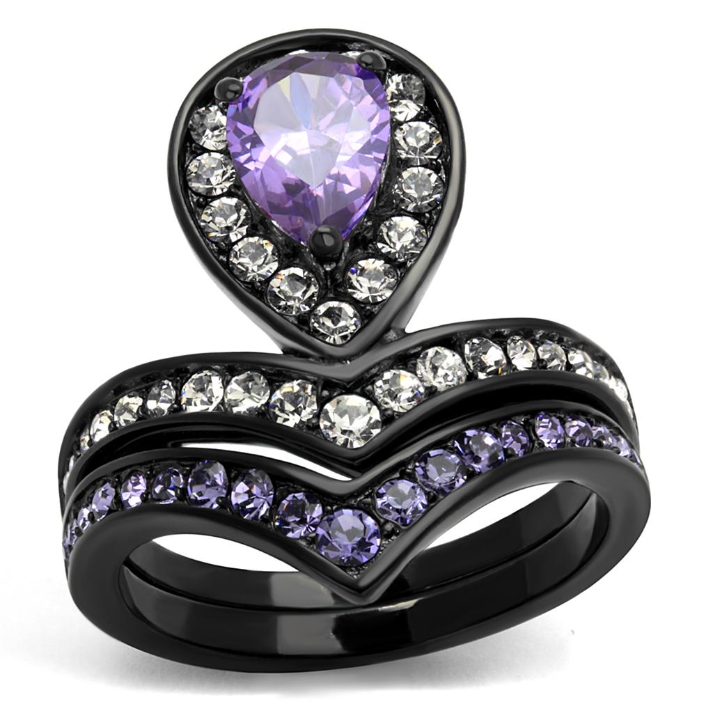 TK2186 - IP Black(Ion Plating) Stainless Steel Ring with AAA Grade CZ  in Amethyst