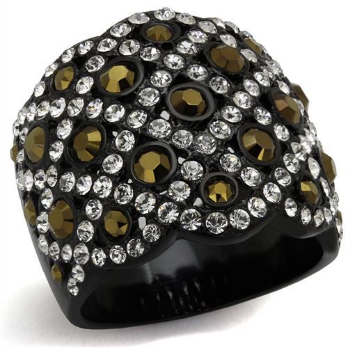 TK2197 - IP Black(Ion Plating) Stainless Steel Ring with Top Grade Crystal  in Metallic Light Gold