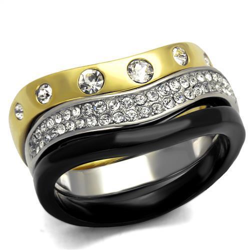 TK2299 - IP Gold+ IP Black (Ion Plating) Stainless Steel Ring with Top Grade Crystal  in Clear