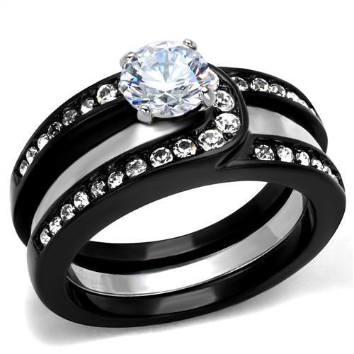 TK2303 - Two-Tone IP Black (Ion Plating) Stainless Steel Ring with AAA Grade CZ  in Clear