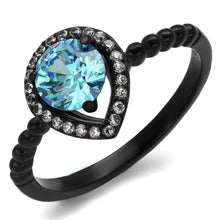 Load image into Gallery viewer, TK2364 - IP Black(Ion Plating) Stainless Steel Ring with AAA Grade CZ  in Sea Blue