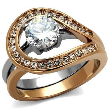 TK2479 - Two-Tone IP Rose Gold Stainless Steel Ring with AAA Grade CZ  in Clear