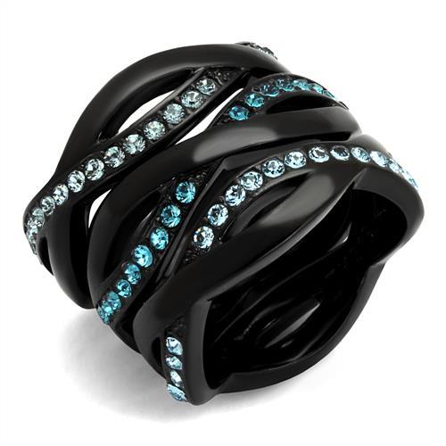TK2492 - IP Black(Ion Plating) Stainless Steel Ring with Top Grade Crystal  in Sea Blue