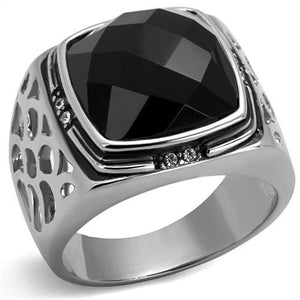 TK2514 - High polished (no plating) Stainless Steel Ring with Synthetic Onyx in Jet