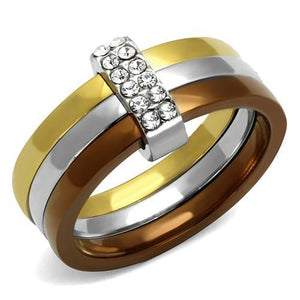 TK2600 - Three Tone (IP Gold & IP Light coffee & High Polished) Stainless Steel Ring with Top Grade Crystal  in Clear