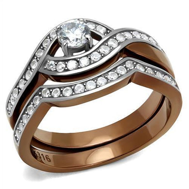 TK2953 - Two Tone IP Light Brown (IP Light coffee) Stainless Steel Ring with AAA Grade CZ  in Clear