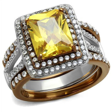 TK2962 - Two Tone IP Light Brown (IP Light coffee) Stainless Steel Ring with AAA Grade CZ  in Topaz