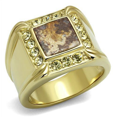 TK3013 - IP Gold(Ion Plating) Stainless Steel Ring with Semi-Precious Oligoclase in Smoked Quartz