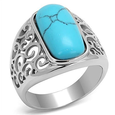 TK3043 - High polished (no plating) Stainless Steel Ring with Synthetic Turquoise in Sea Blue