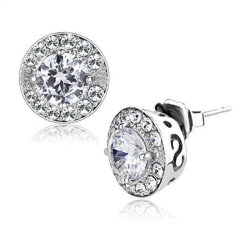 TK3103 - High polished (no plating) Stainless Steel Earrings with AAA Grade CZ  in Clear