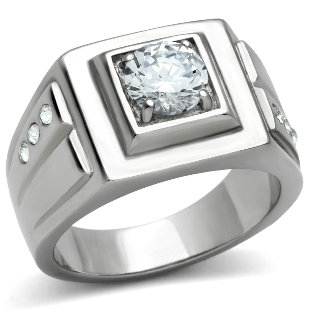 TK313 - High polished (no plating) Stainless Steel Ring with AAA Grade CZ  in Clear