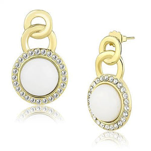 TK3152 - IP Gold(Ion Plating) Stainless Steel Earrings with Synthetic Jade in White
