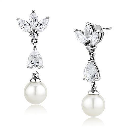 TK3159 - Rhodium Stainless Steel Earrings with Synthetic Pearl in White