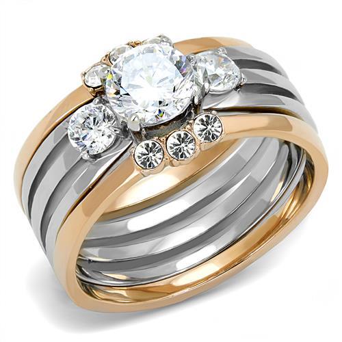 TK3212 - Two-Tone IP Rose Gold Stainless Steel Ring with AAA Grade CZ  in Clear
