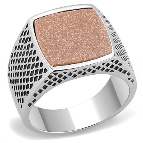 TK3228 - High polished (no plating) Stainless Steel Ring with Semi-Precious Gold Sand Stone in Siam