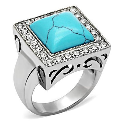 TK323 - High polished (no plating) Stainless Steel Ring with Synthetic Turquoise in Sea Blue