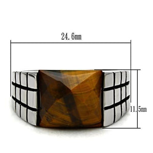 TK324 - High polished (no plating) Stainless Steel Ring with Semi-Precious Tiger Eye in Smoked Quartz