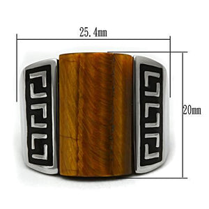 TK328 - High polished (no plating) Stainless Steel Ring with Semi-Precious Tiger Eye in Smoked Quartz