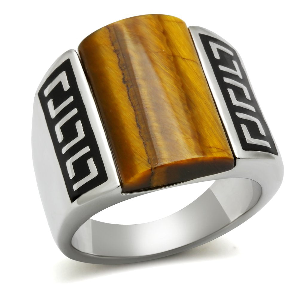 TK328 - High polished (no plating) Stainless Steel Ring with Semi-Precious Tiger Eye in Smoked Quartz