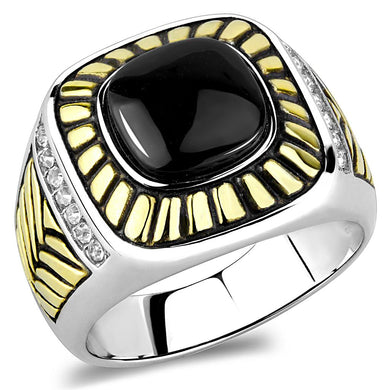 TK3294 - Two-Tone IP Gold (Ion Plating) Stainless Steel Ring with Synthetic Onyx in Jet
