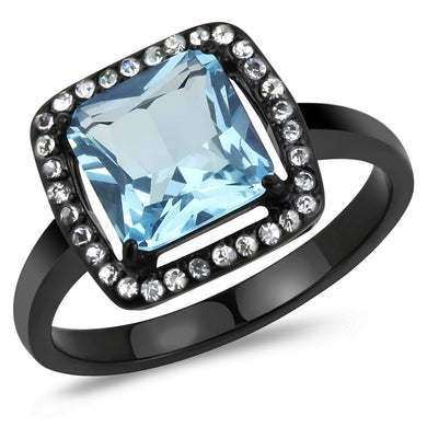 TK3447 - IP Black(Ion Plating) Stainless Steel Ring with Synthetic Synthetic Glass in Sea Blue