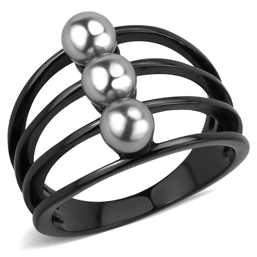 TK3454 - IP Black(Ion Plating) Stainless Steel Ring with Synthetic Pearl in Gray