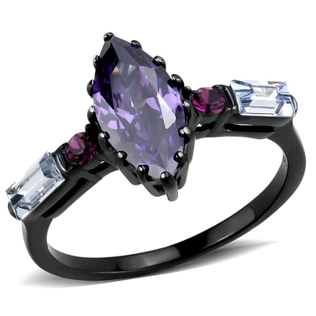 TK3456 - IP Black(Ion Plating) Stainless Steel Ring with AAA Grade CZ  in Amethyst