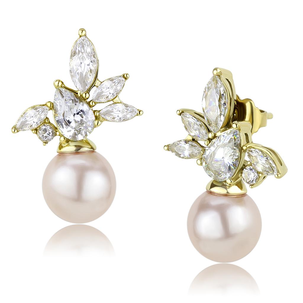 TK3479 - IP Gold(Ion Plating) Stainless Steel Earrings with Synthetic Pearl in Light Rose
