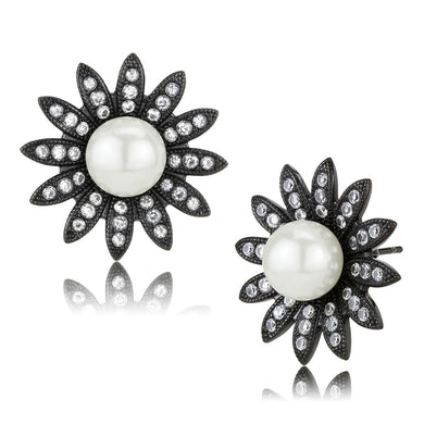 TK3484 - IP Black(Ion Plating) Stainless Steel Earrings with Synthetic Pearl in White