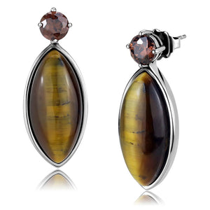 TK3488 - High polished (no plating) Stainless Steel Earrings with Semi-Precious Tiger Eye in Topaz