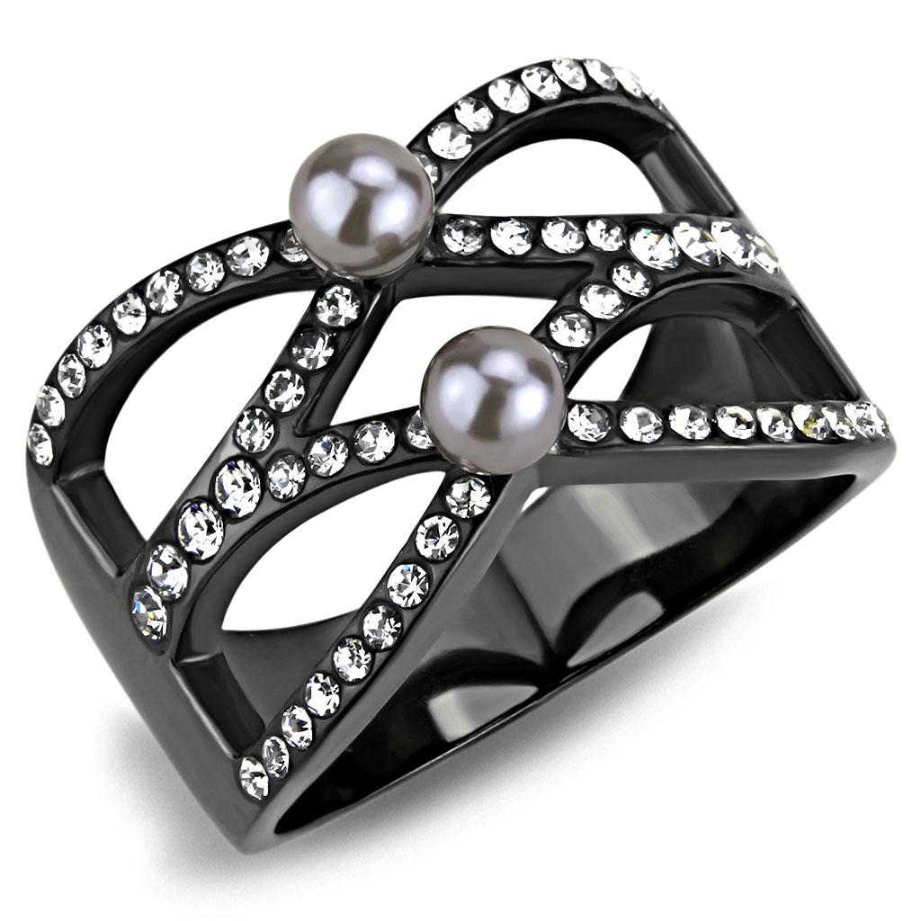 TK3515 - IP Light Black  (IP Gun) Stainless Steel Ring with Synthetic Pearl in Gray